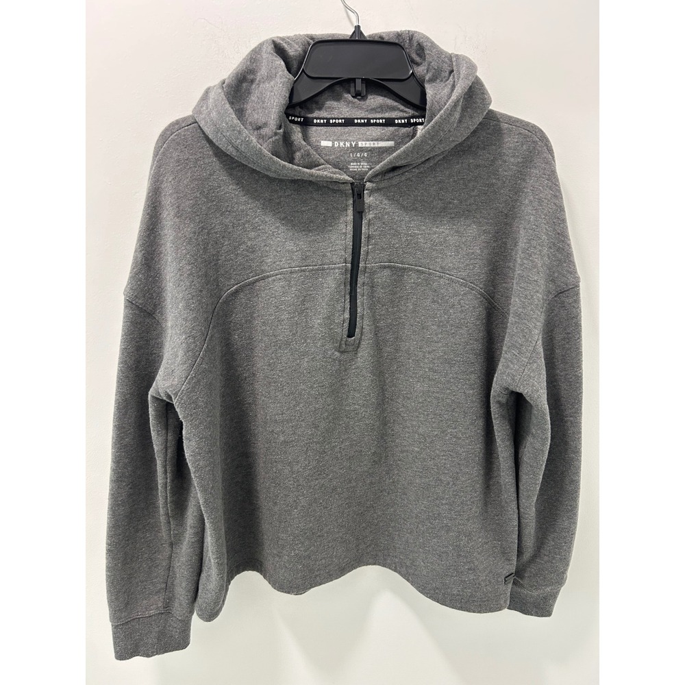 DKNY Sport Womens Heather Gray Quarter Zip Logo Hoodie Pullover Sweatshirt L